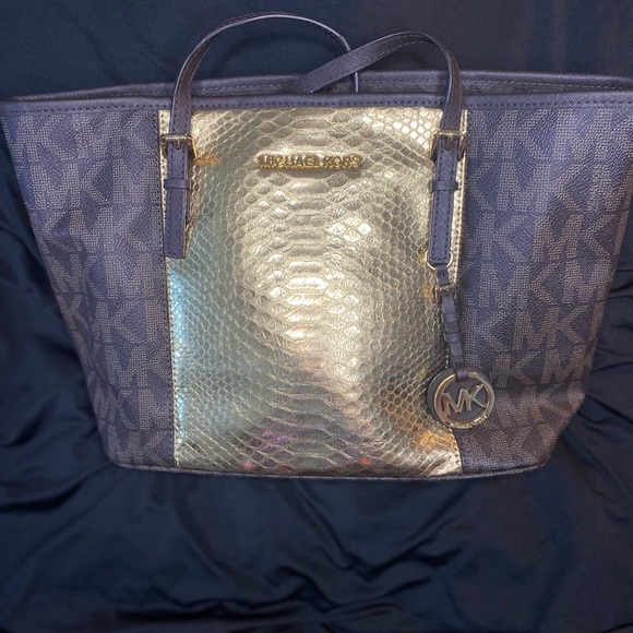 Michael Kors Brown Gold Stripe Large Fabric Tote Handbag 35t7gijt3e - Picture 1 of 4